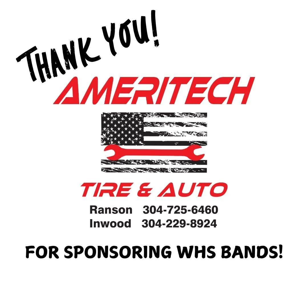 Ameritech Tire & Auto logo with contact numbers for Ranson and Inwood; message thanks the company for sponsoring WHS bands.