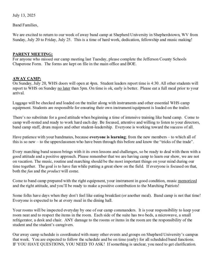 Band Camp Letter and Packing List 2025 pdf 1