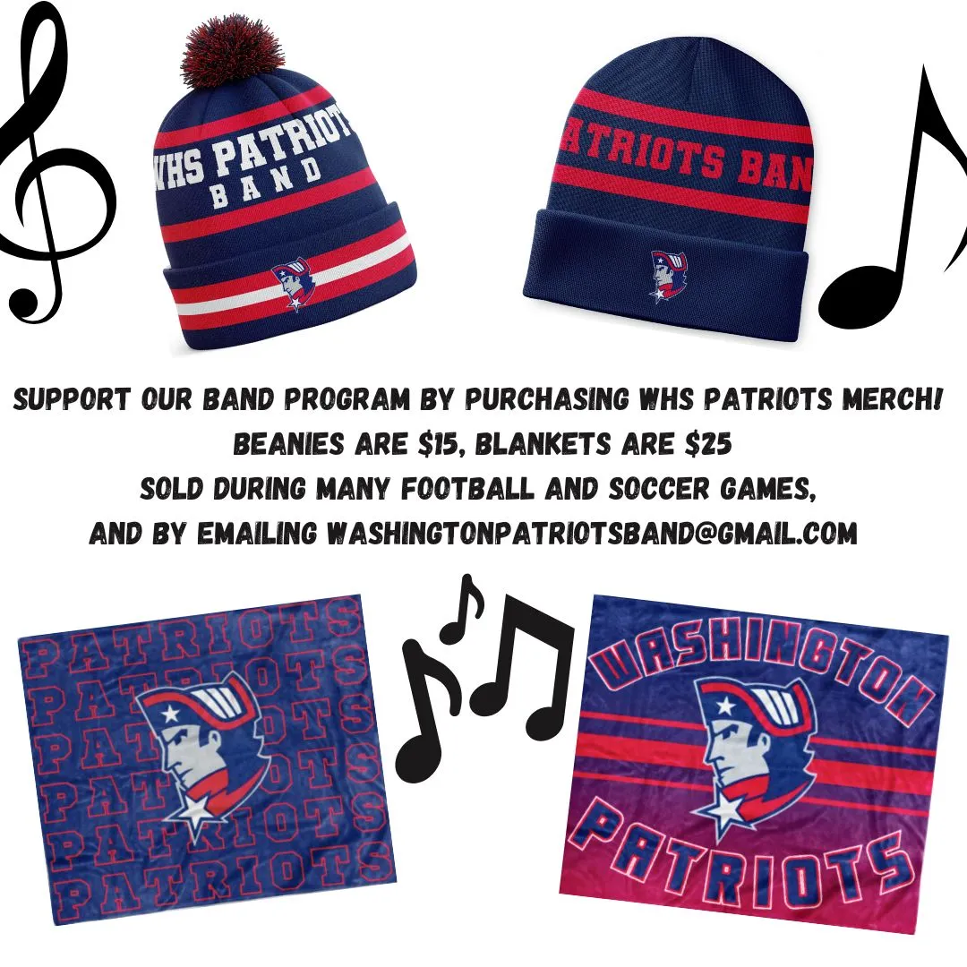 Image showing WHS Patriots Band beanies and blankets for sale, with text detailing prices and purchasing information for supporting the band. Musical note graphics are included.