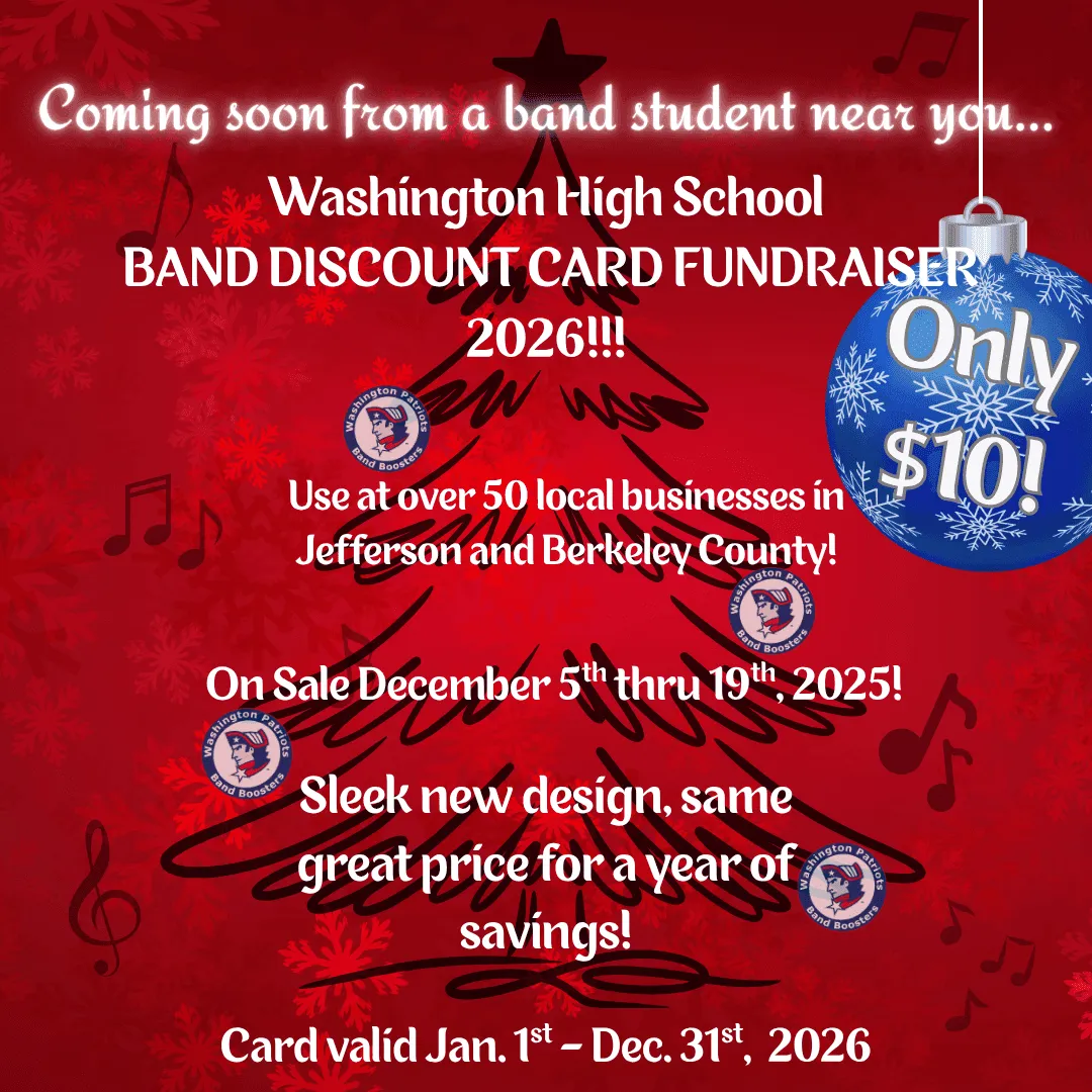 Washington High School Band Discount Card Fundraiser 2026 promotion with details on sale dates, price, and offers, displayed over a red background with a Christmas tree and ornament.