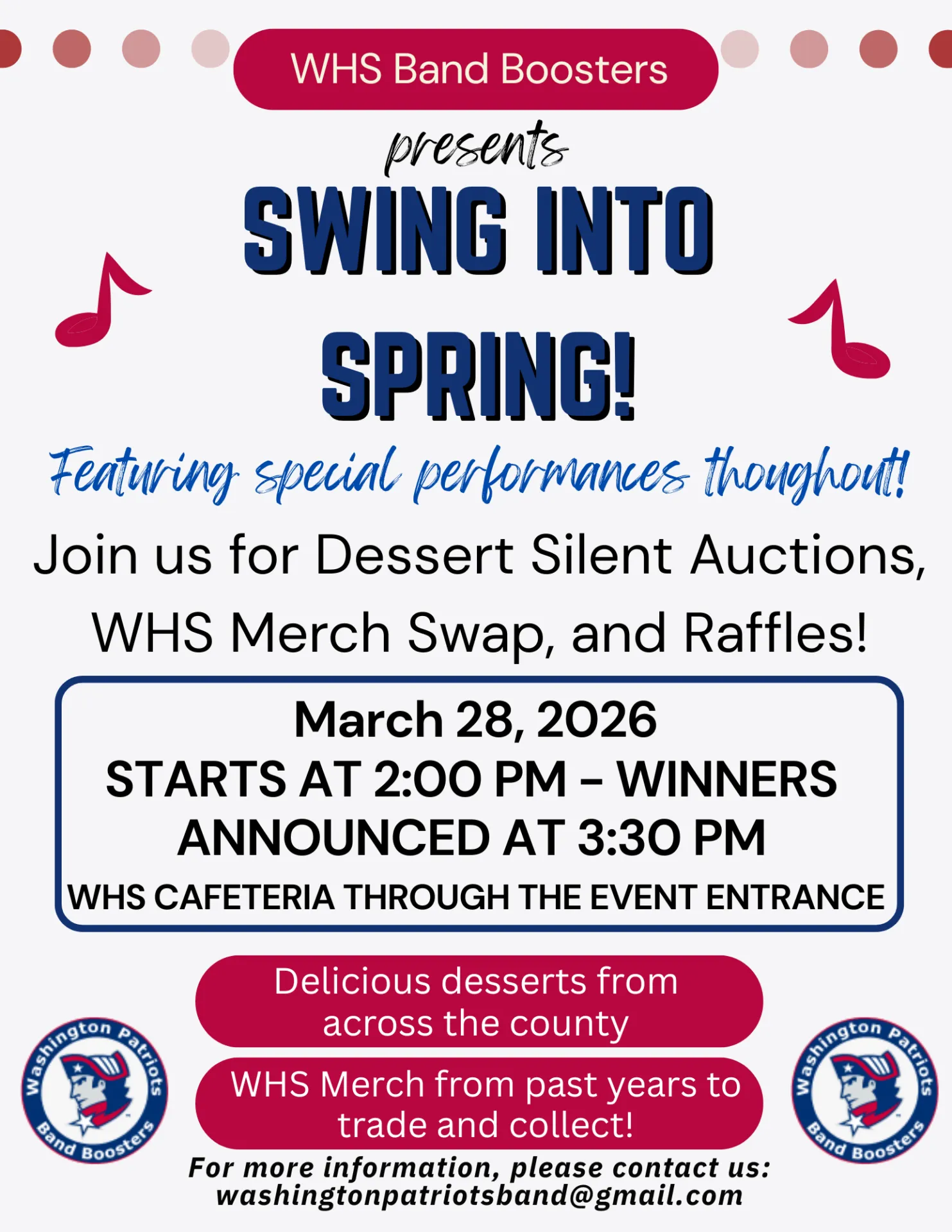 Flyer for the WHS Band Boosters event “Swing Into Spring!” on March 28, 2026, featuring auctions, merch swap, raffles, and desserts, with event details and contact info.