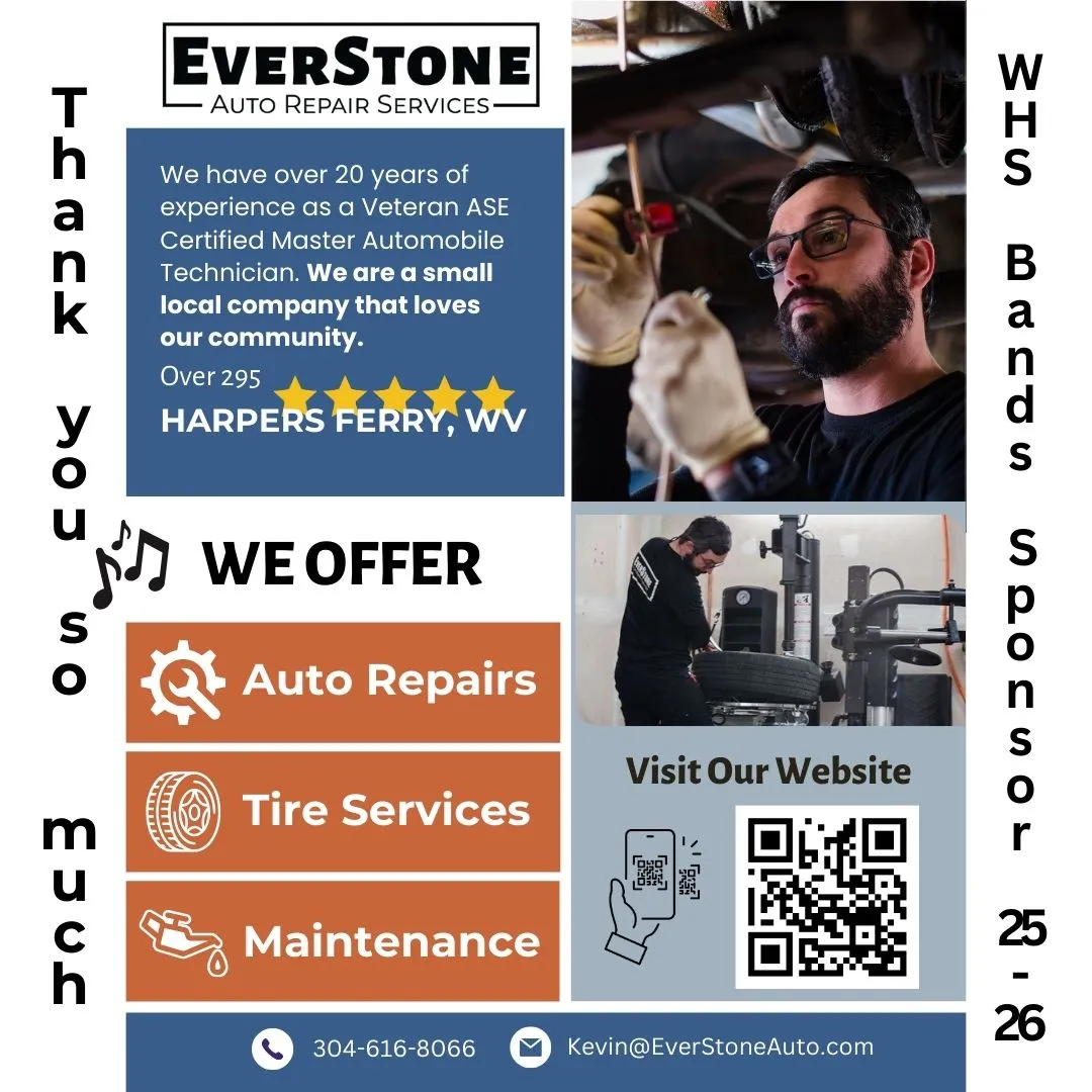 EverStone Auto Repair Services flyer featuring a mechanic, service offerings, contact info, QR code for website, and sponsorship note for WHS Bands 2025-26.