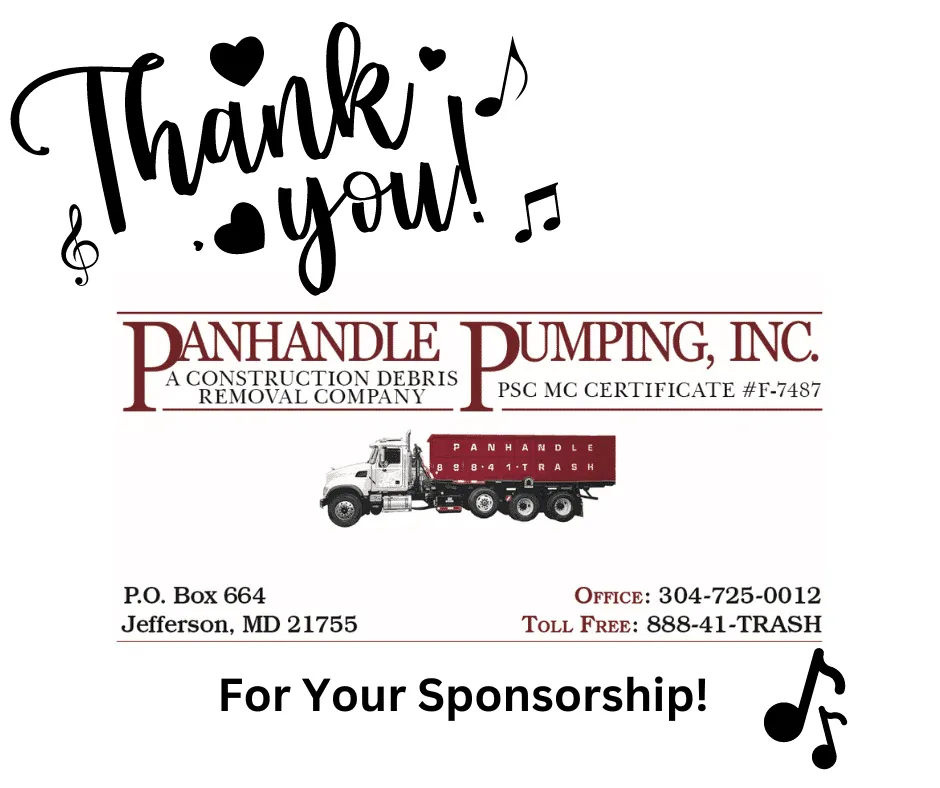 Thank you message above a Panhandle Pumping, Inc. advertisement featuring a debris removal truck, contact information, and a note of appreciation for sponsorship.