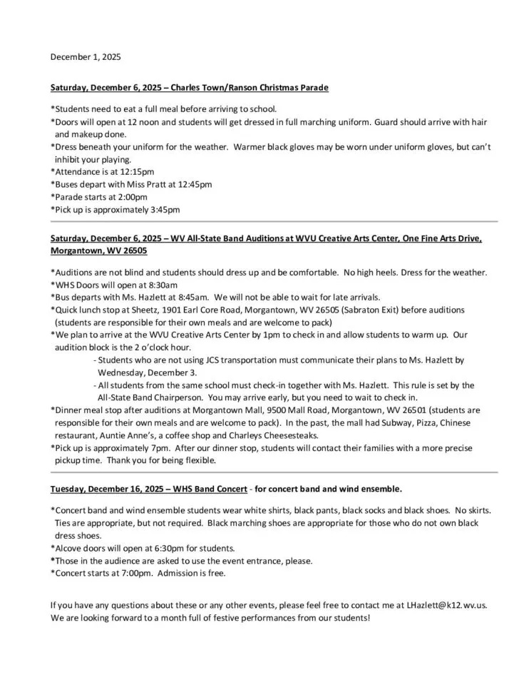 Parade and December Concert and all state audition itinerary 2025 pdf
