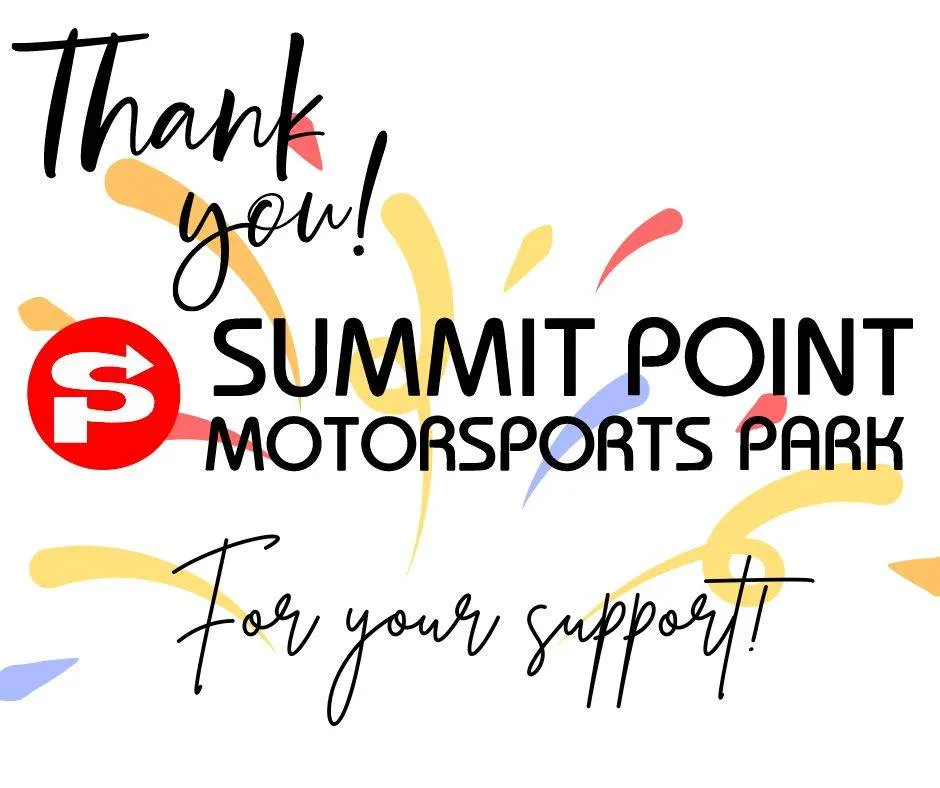 Summit Point Motorsports Park thank you message with colorful confetti and bold text saying 'For your support!'.
