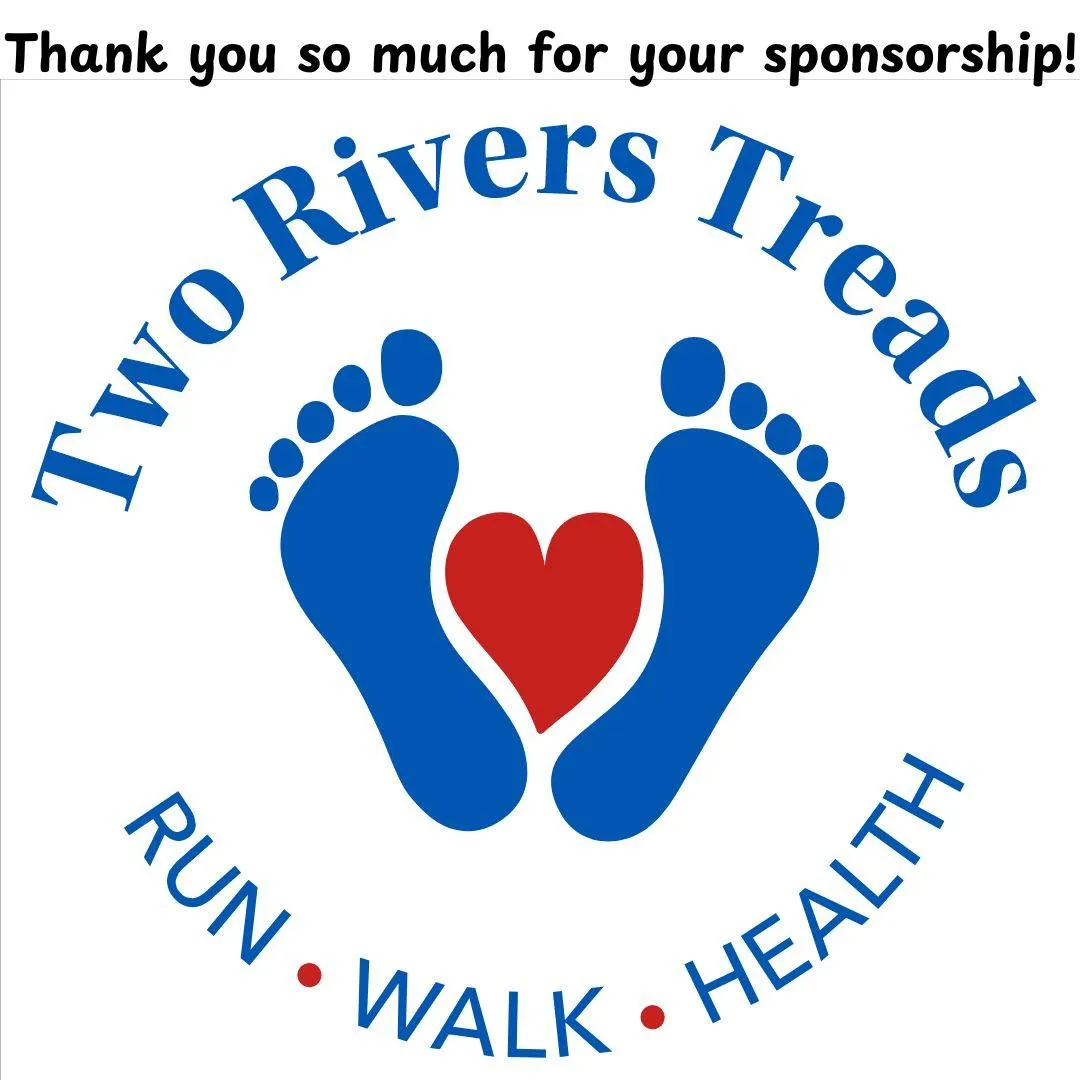 Logo for Two Rivers Treads featuring two blue footprints with a red heart between them, and the words 