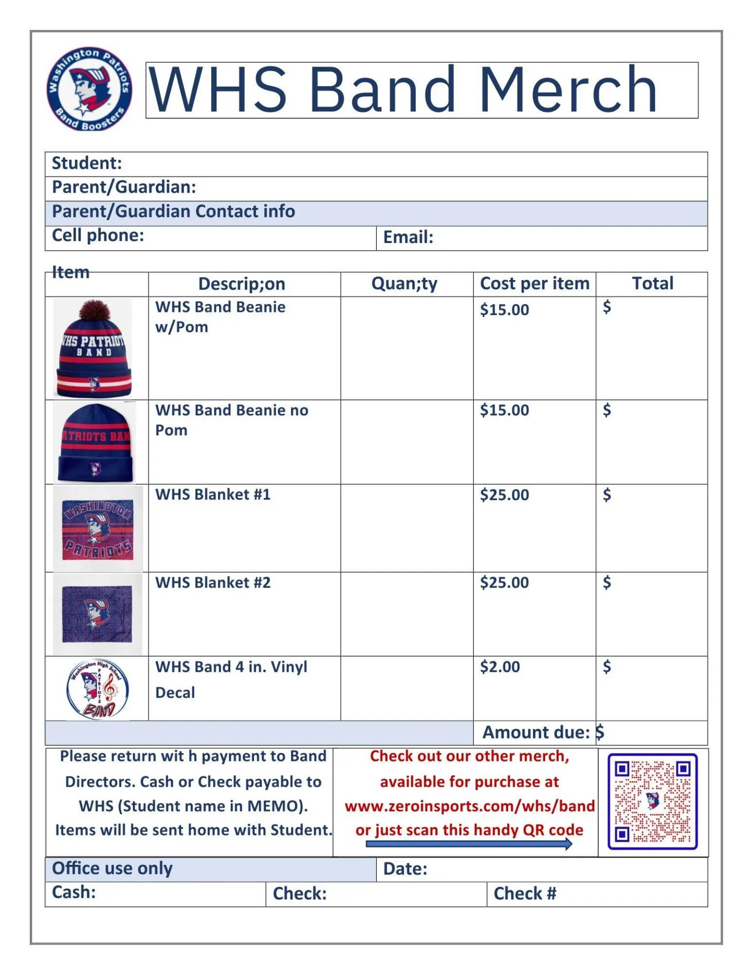 A merchandise order form titled "WHS Band Merch" featuring items like beanies and blankets with prices, a QR code, and payment instructions.