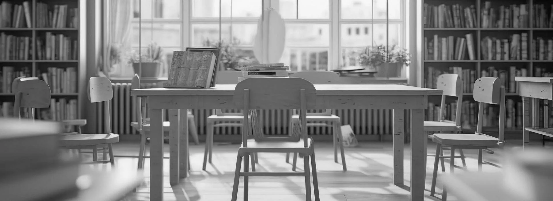 A black and white image of a classroom.